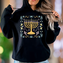 "Hanukkah Floral Menorah" | Folk Art Graphic Unisex Adult Hoodie | Festive Lifestyle