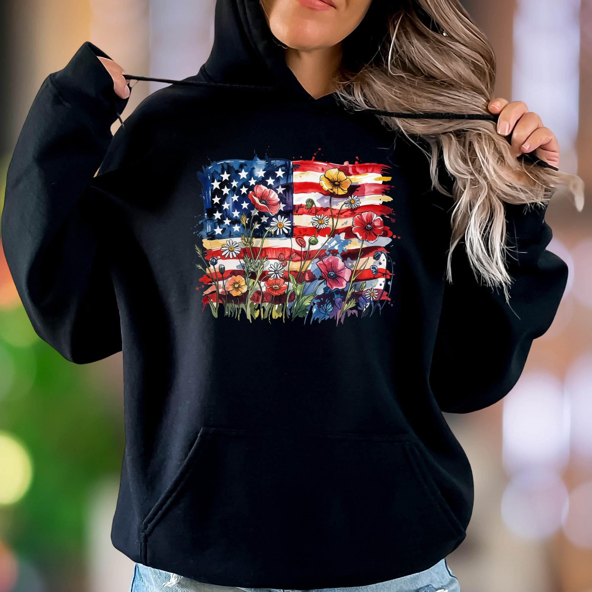 "Bloom With Patriotism" | Rustic Floral Flag Unisex Adult Hoodie | Nature-Inspired Lifestyle