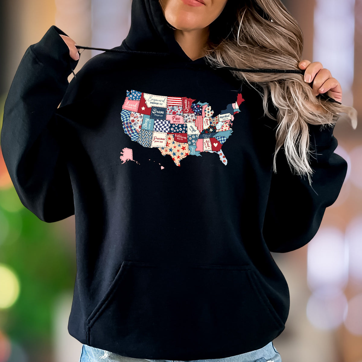 "Loved. Empowered. Brave. Free. Precious. Victorious. Important." | Patchwork USA Map Unisex Adult Hoodie | Motivational Identity