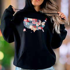 "Loved. Empowered. Brave. Free. Precious. Victorious. Important." | Patchwork USA Map Unisex Adult Hoodie | Motivational Identity