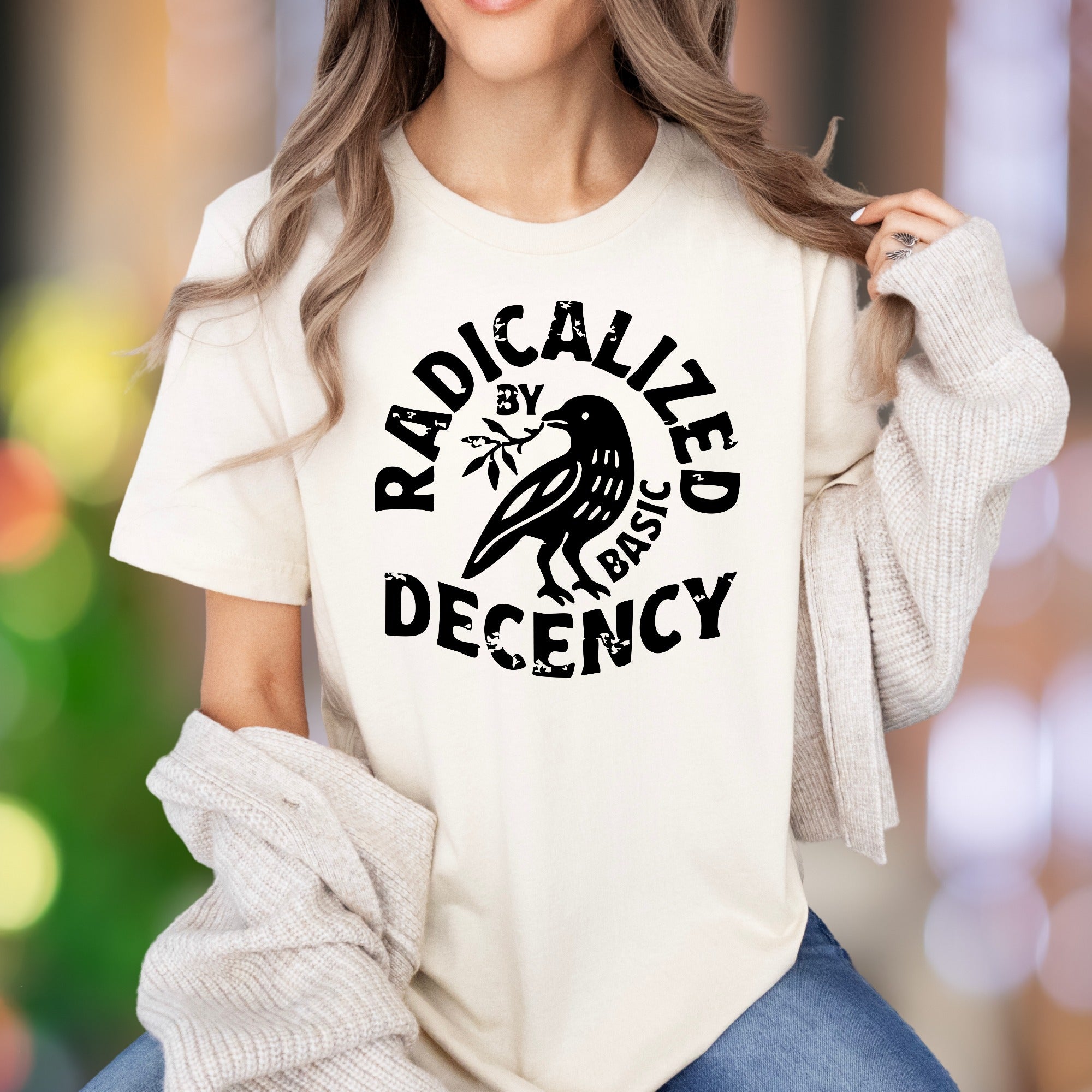 "Radicalized By Basic Decency" | Distressed Typography Unisex Adult T-Shirt | Statement Apparel