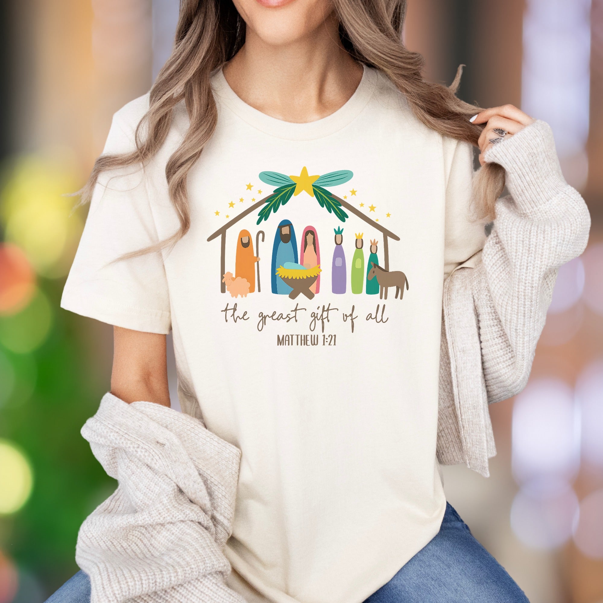 "The Greatest Gift Of All Matthew 1:21" | Nativity Scene Unisex Adult T-Shirt | Heartfelt Scripture Apparel