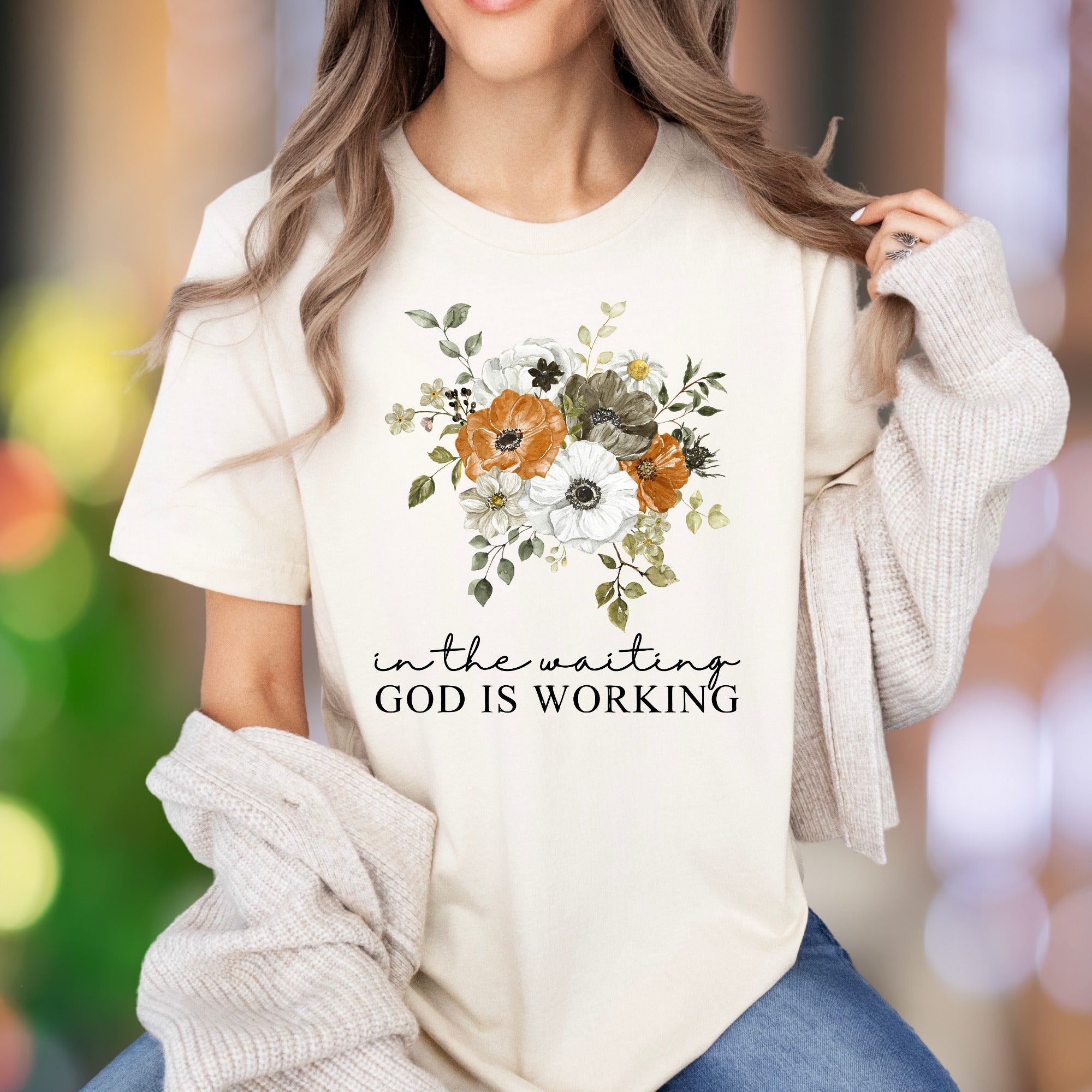 “In The Waiting God Is Working" | Floral Graphic Unisex Adult T-Shirt | Inspirational Lifestyle
