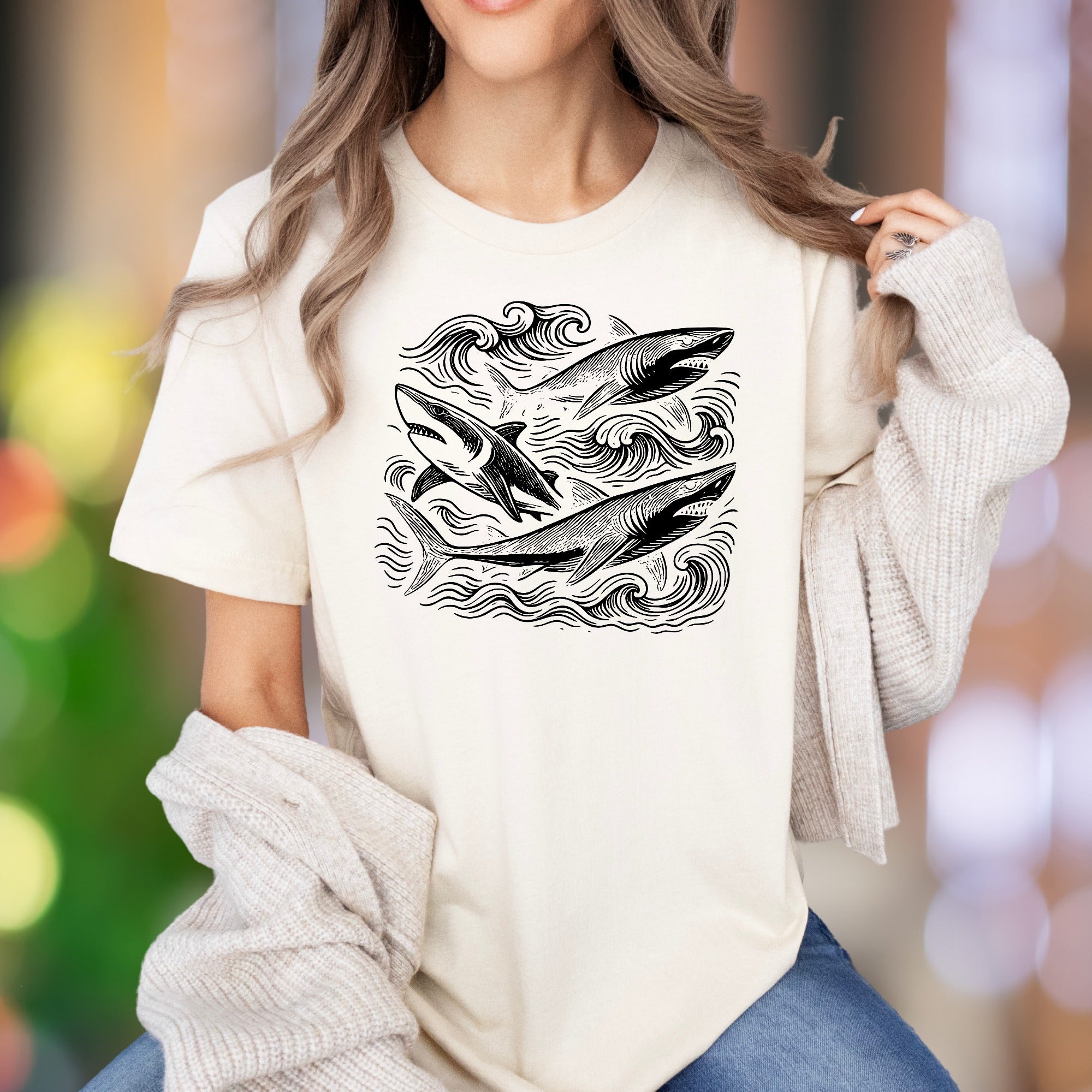 "Sharks with Waves" | Vintage Ocean Graphic Unisex Adult T-Shirt | Marine Lifestyle