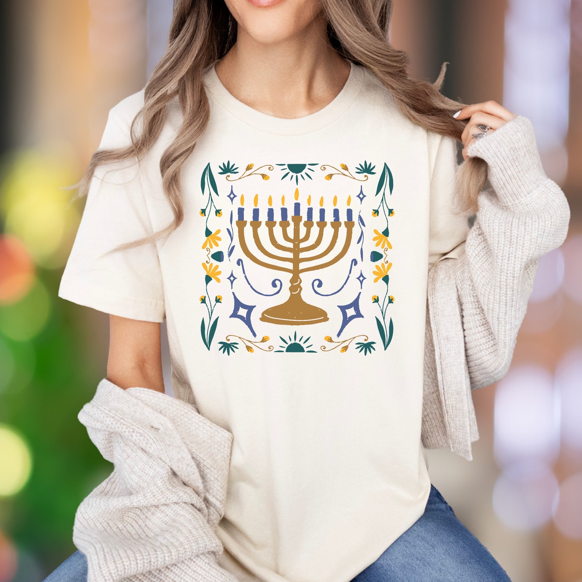 "Menorah & Floral" | Folk Art Unisex Adult T-Shirt | Festive Lifestyle