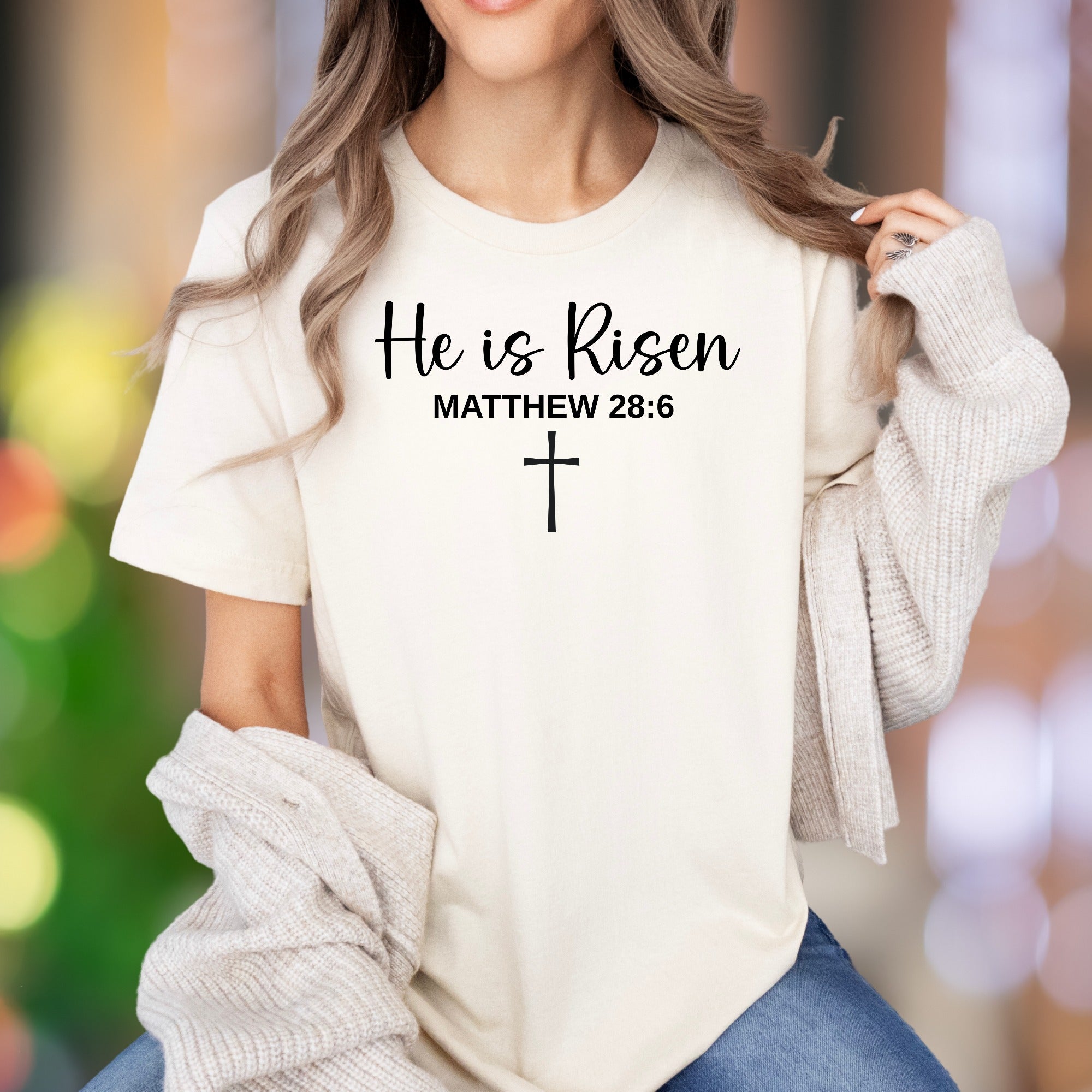 "He is Risen Matthew 28:6" | Modern Script Graphic Unisex Adult T-Shirt | Faith-Inspired Apparel