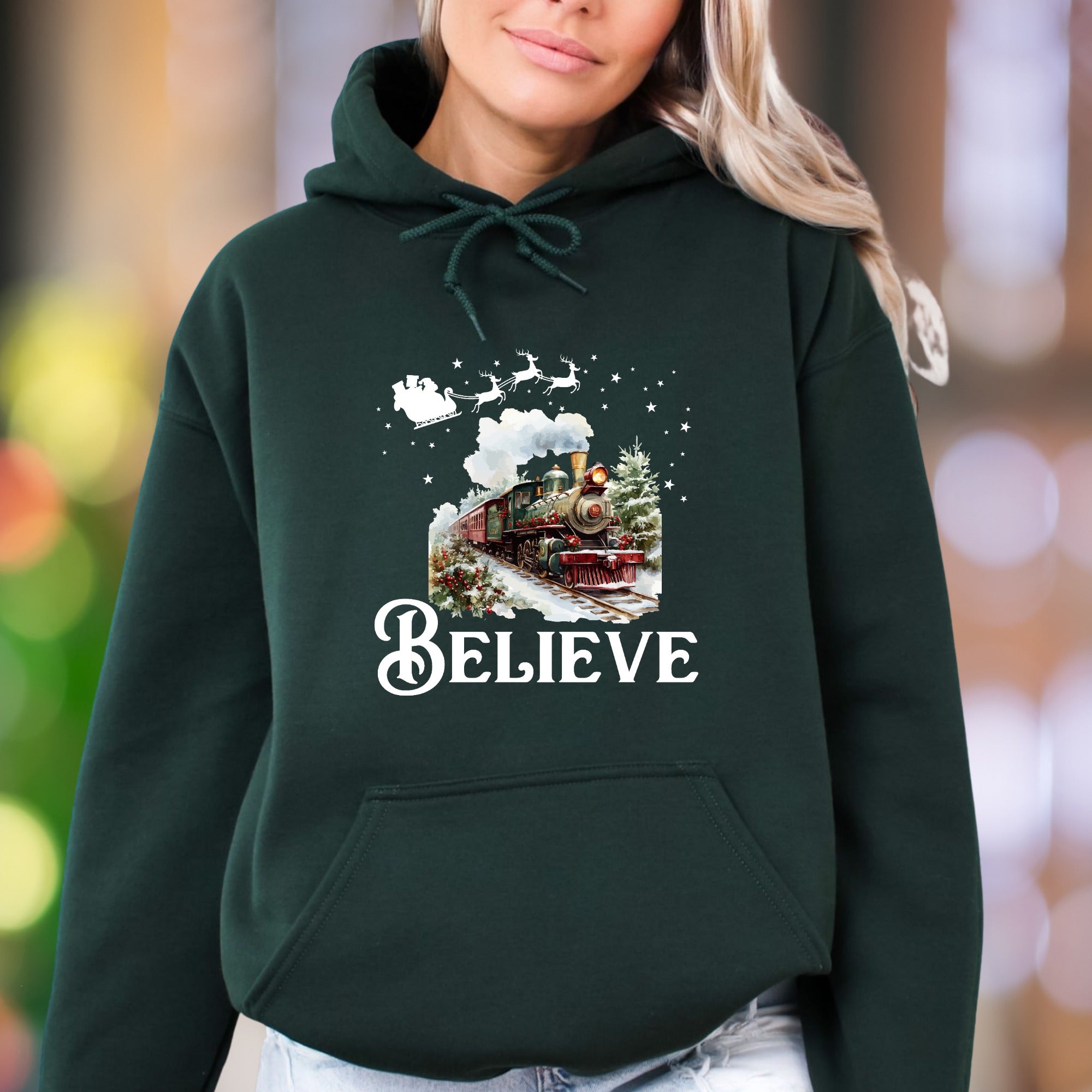 "BELIEVE" | Festive Winter Train Unisex Adult Hoodie | Holiday Magic Lifestyle