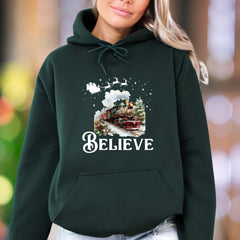 "BELIEVE" | Festive Winter Train Unisex Adult Hoodie | Holiday Magic Lifestyle