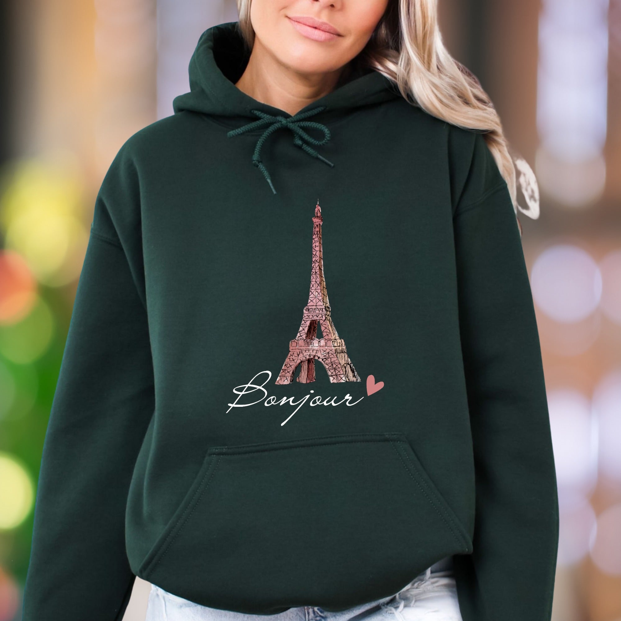 "Bonjour Eiffel Tower" | Parisian Sketch Unisex Adult Hoodie | Travel Lifestyle Apparel