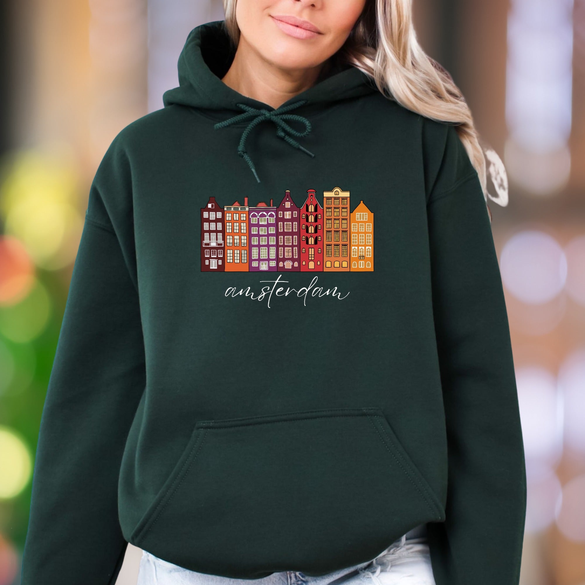 "amsterdam" | Illustrated Cityscape Unisex Adult Hoodie | Travel Lifestyle