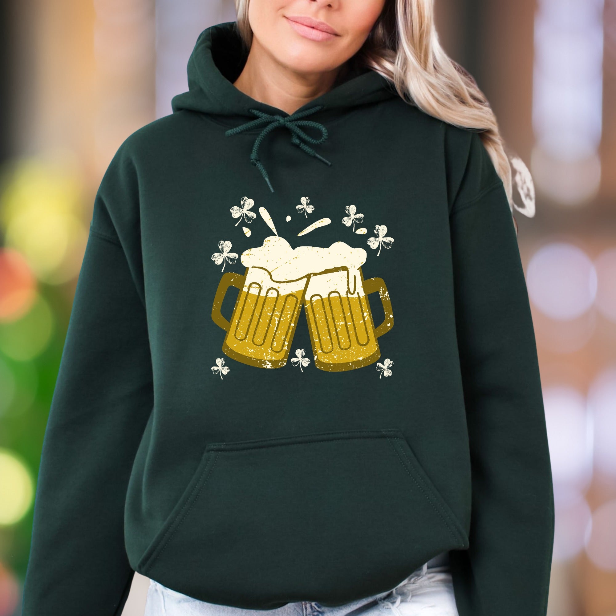 "Cheers & Shamrocks" | Distressed Graphic Unisex Adult Hoodie | St. Patrick's Day Fun
