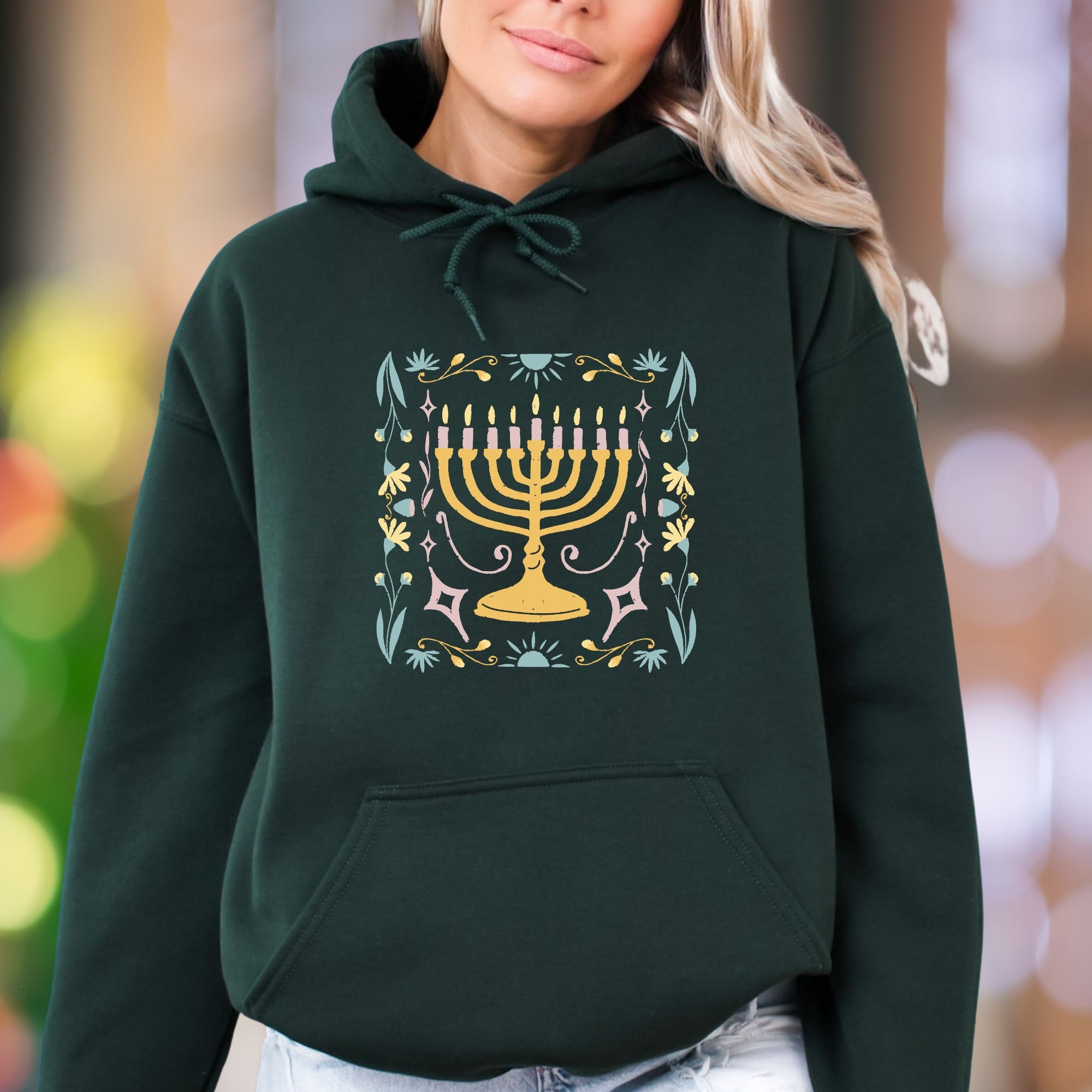 "Hanukkah Floral Menorah" | Folk Art Graphic Unisex Adult Hoodie | Festive Lifestyle