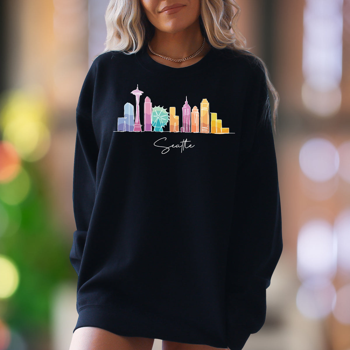 "Seattle" | Watercolor Skyline Unisex Adult Sweatshirt | City Travel Apparel