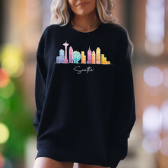 "Seattle" | Watercolor Skyline Unisex Adult Sweatshirt | City Travel Apparel