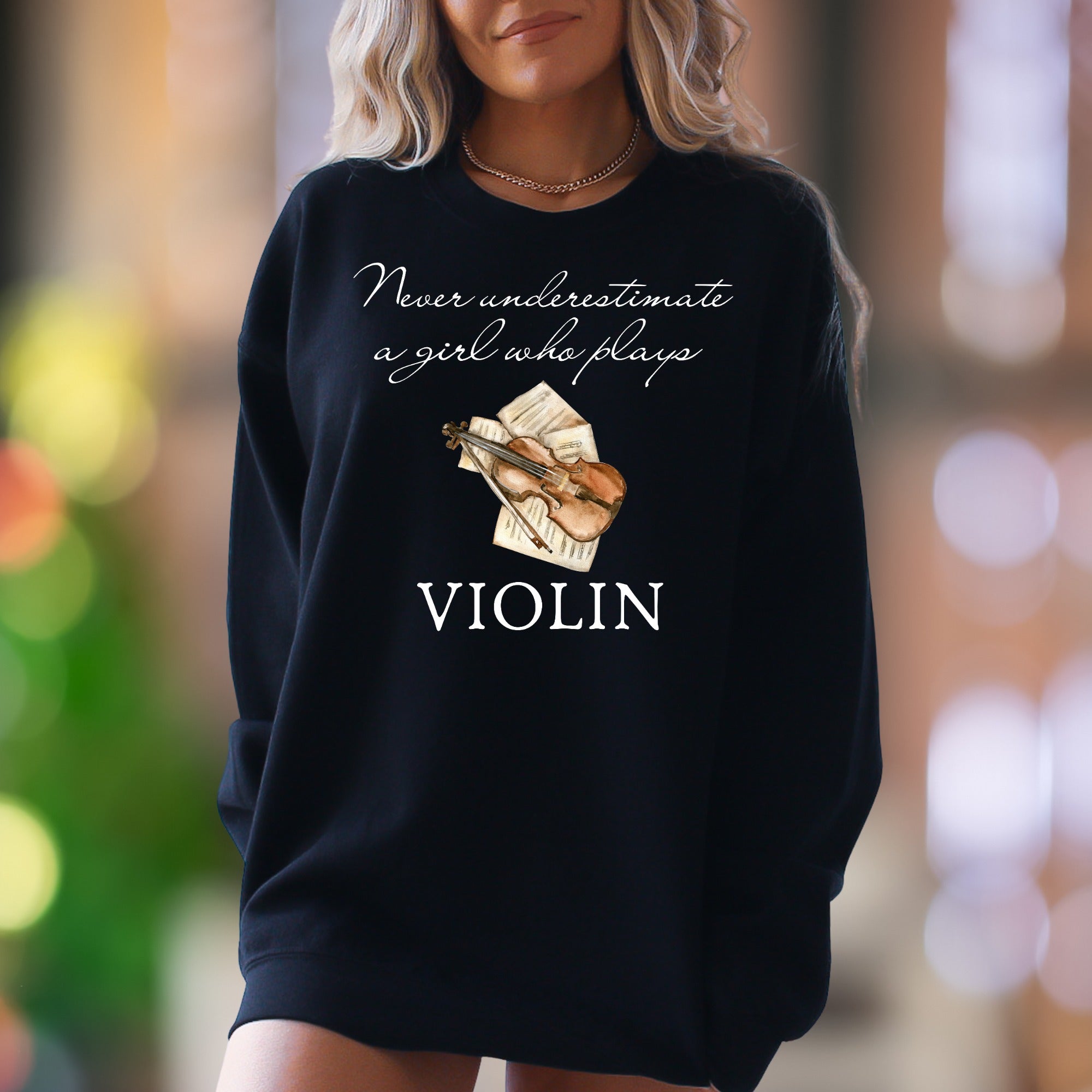 "Never Underestimate A Girl Who Plays Violin" | Musical Graphic Unisex Adult Sweatshirt | Creative Lifestyle
