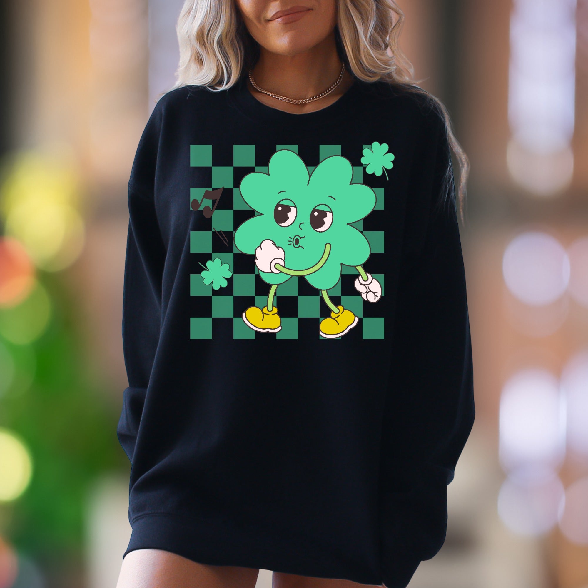 "Whistling Shamrock Character" | Retro Cartoon Unisex Adult Sweatshirt | Playful Lifestyle