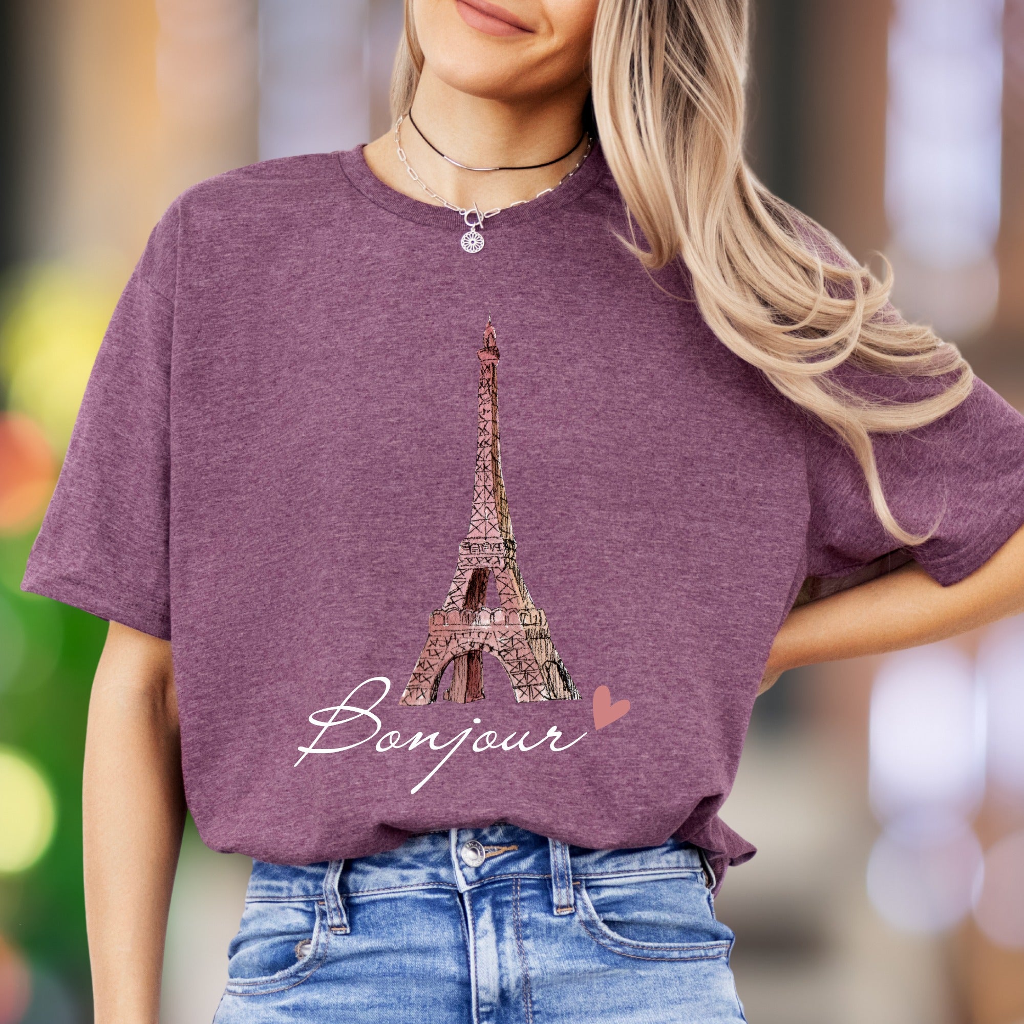 "Bonjour" | Watercolor Eiffel Tower Unisex Adult T-Shirt | Parisian Chic Lifestyle