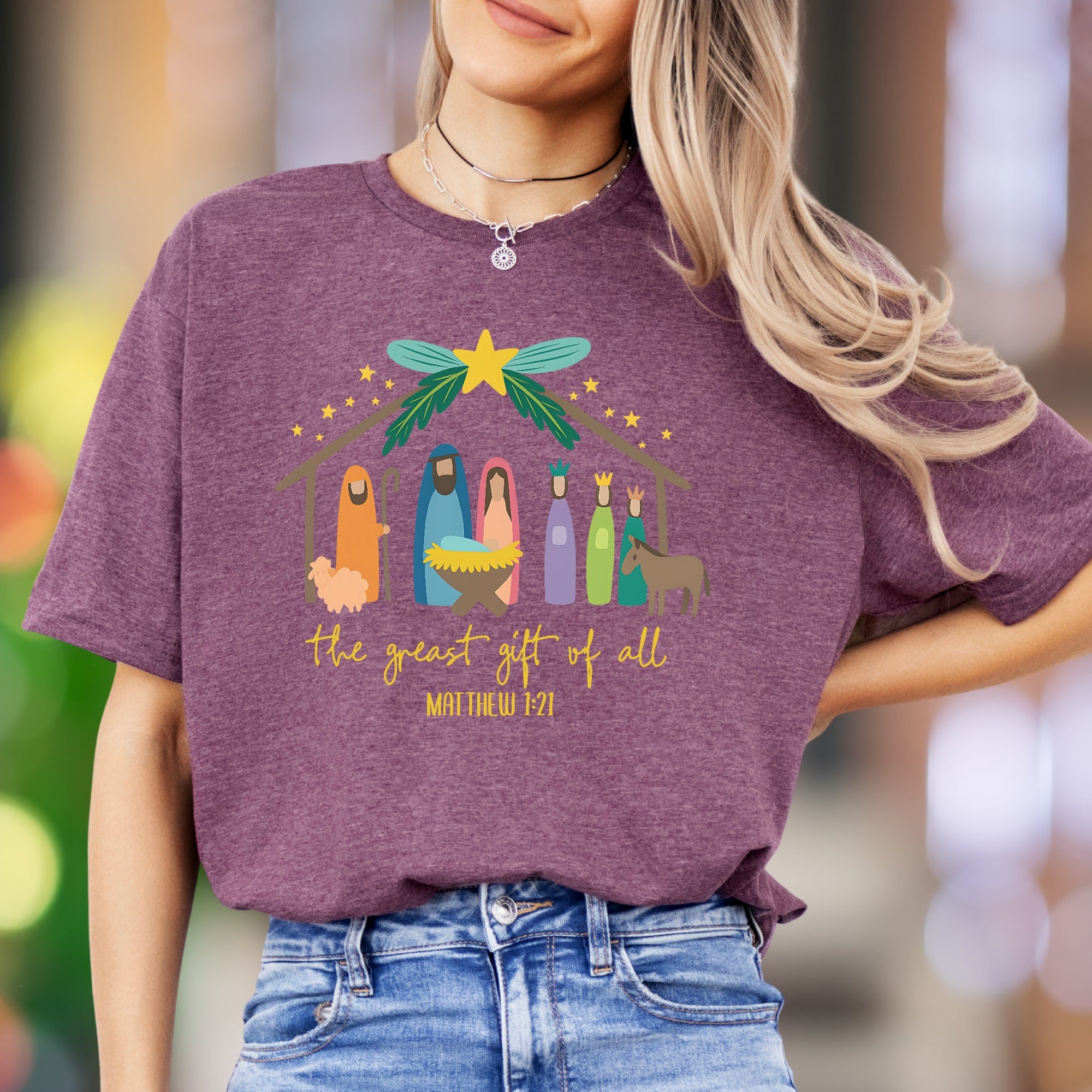 "The Greatest Gift Of All Matthew 1:21" | Nativity Scene Unisex Adult T-Shirt | Heartfelt Scripture Apparel