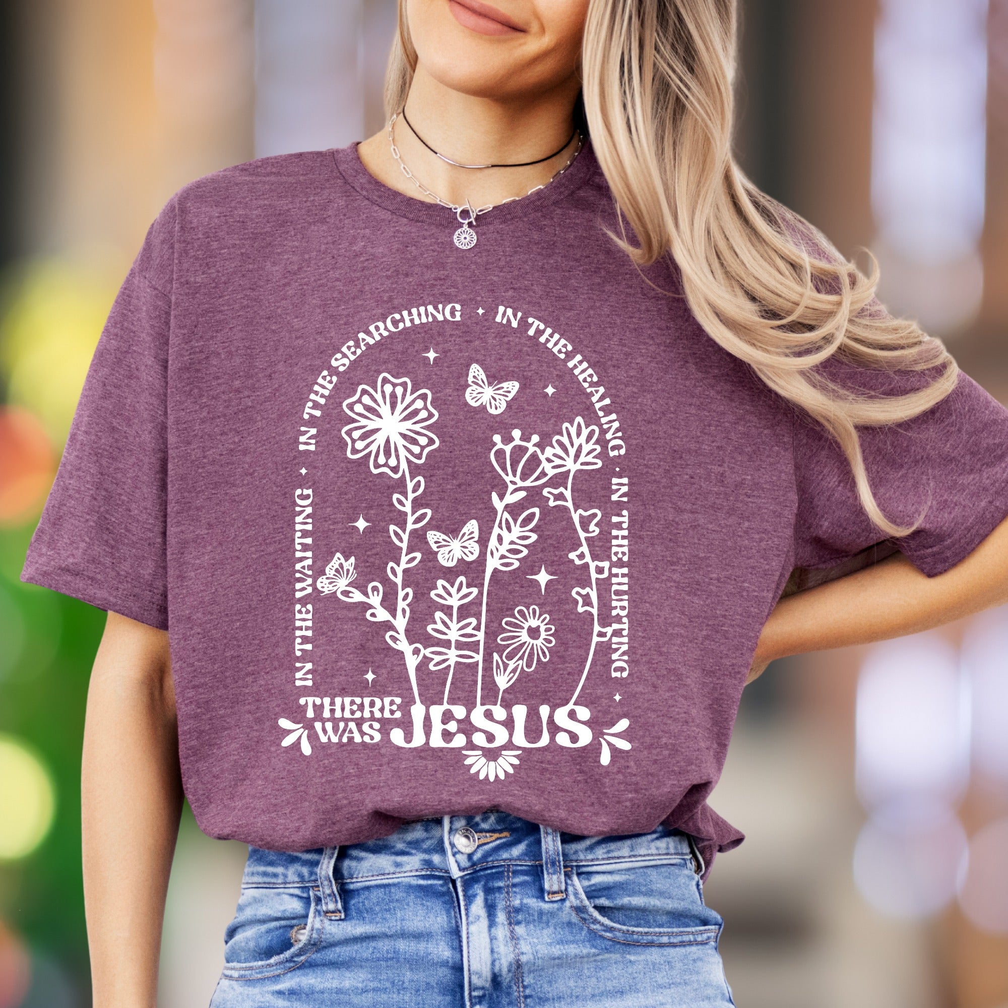 "In The Waiting, In The Searching, In The Healing, In The Hurting There Was Jesus" | Floral Graphic Unisex Adult T-Shirt | Faith-Inspired Lifestyle