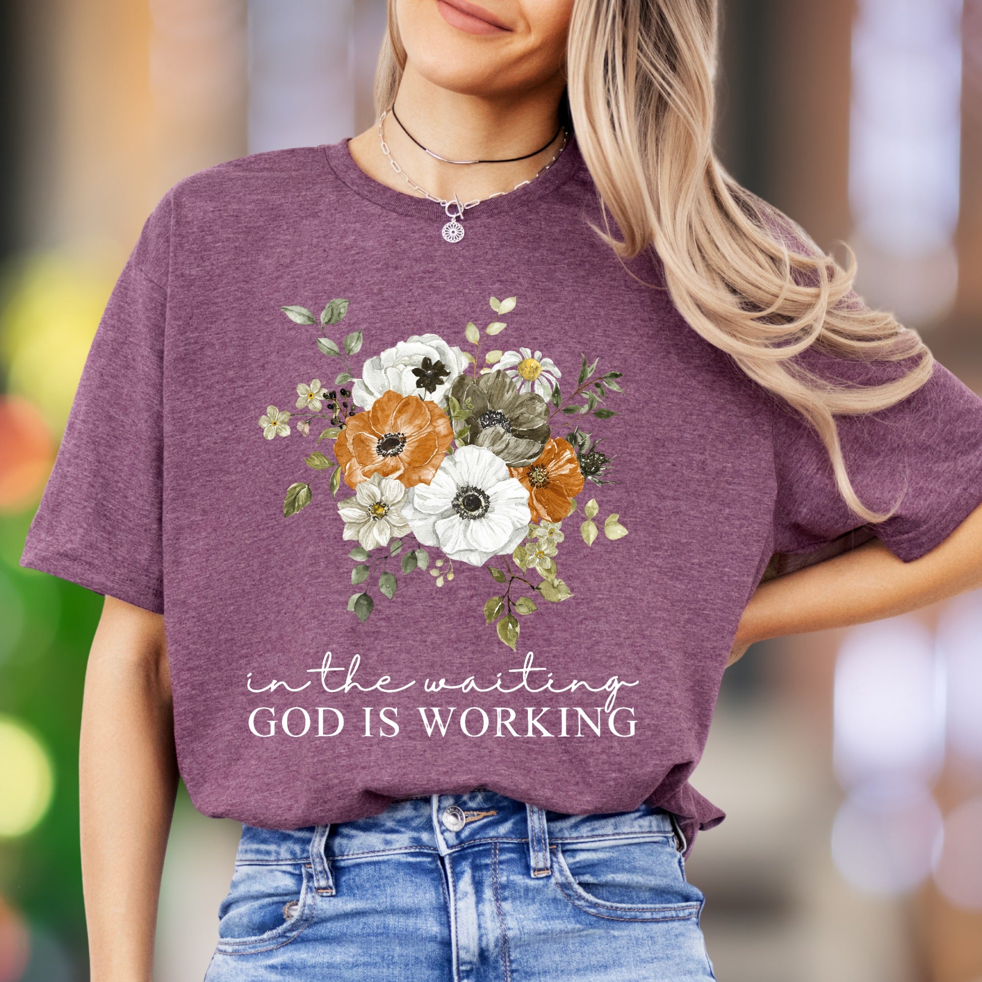 “In The Waiting God Is Working" | Floral Graphic Unisex Adult T-Shirt | Inspirational Lifestyle