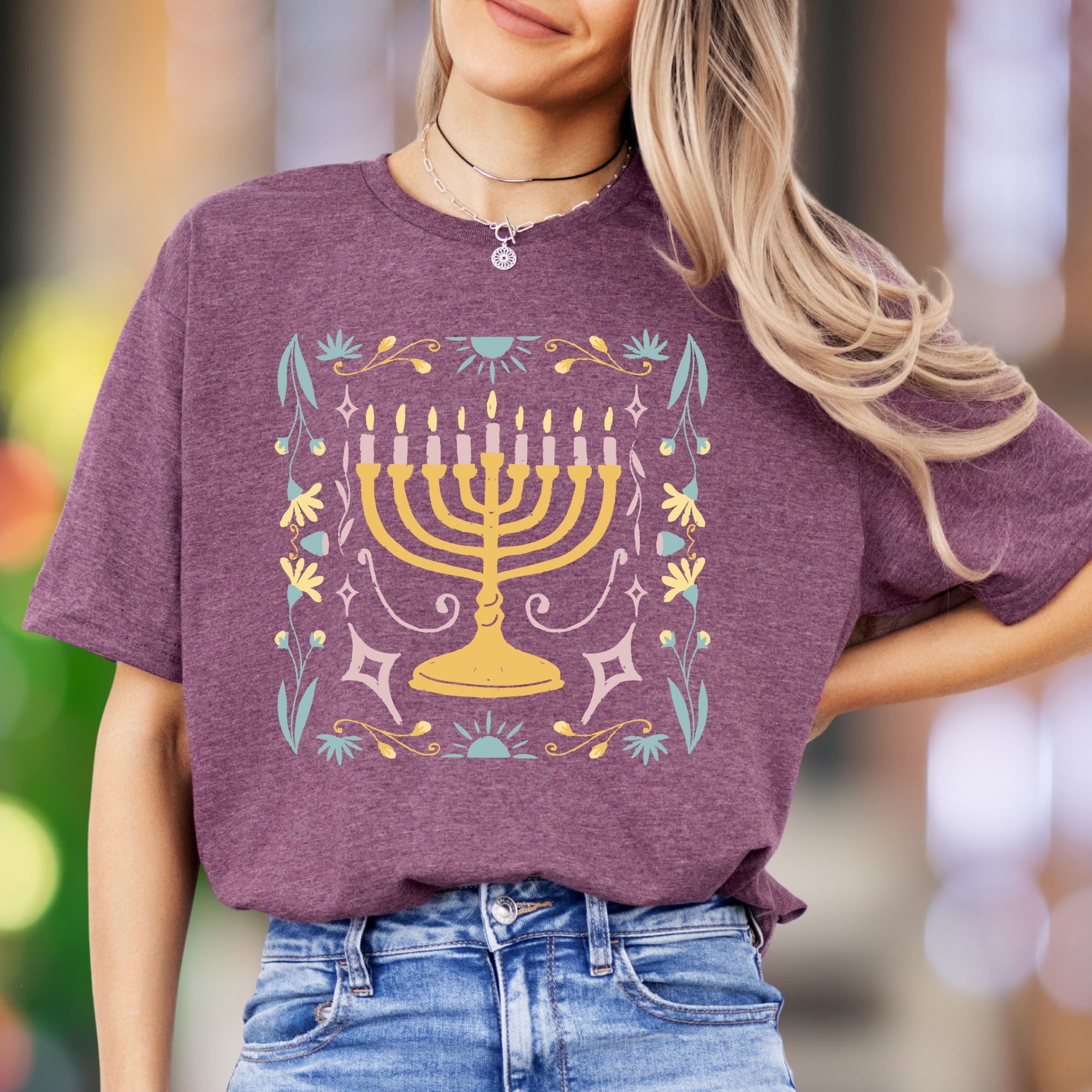 "Menorah & Floral" | Folk Art Unisex Adult T-Shirt | Festive Lifestyle