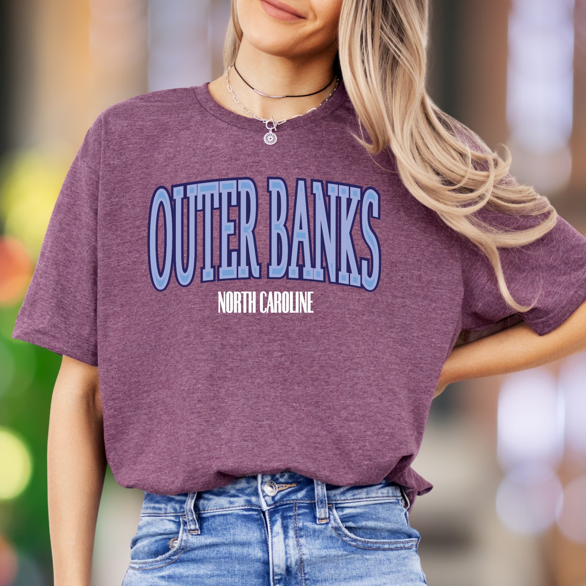 "Outer Banks North Carolina" | Retro Blue Typography Unisex Adult T-Shirt | Coastal Lifestyle