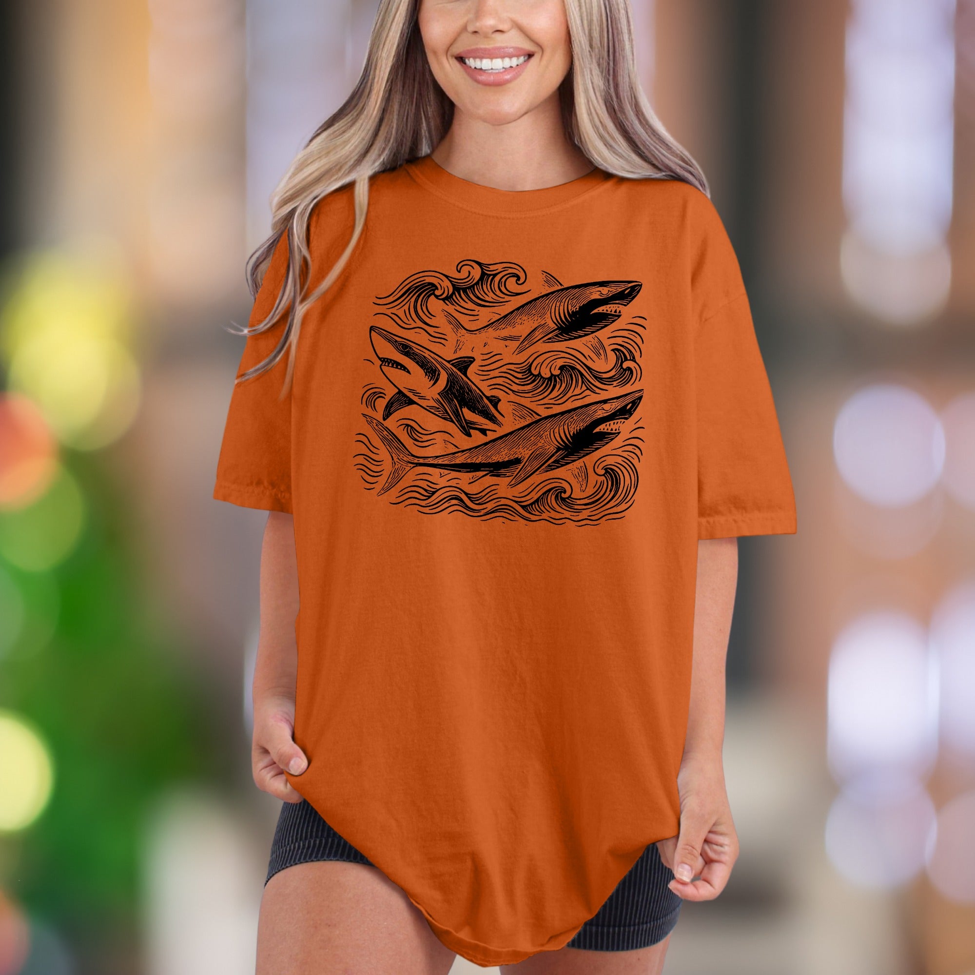Ocean Waves & Sharks Sketch | Comfort Colors Unisex Adult T-Shirt | Coastal Lifestyle