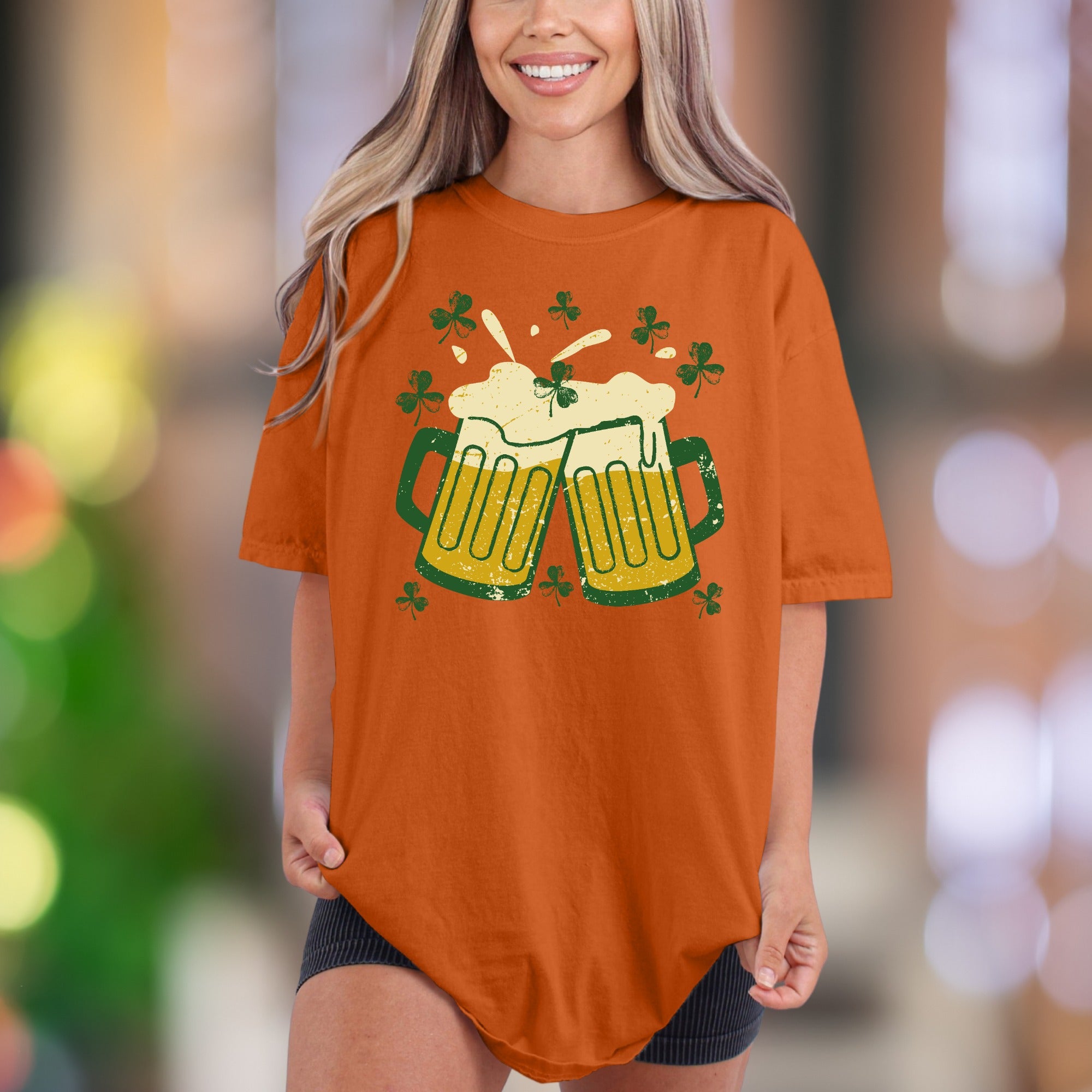 Sláinte! Cheers Beer Mugs with Shamrocks | Comfort Colors Unisex Adult T-Shirt | Distressed St. Patrick's Day Style