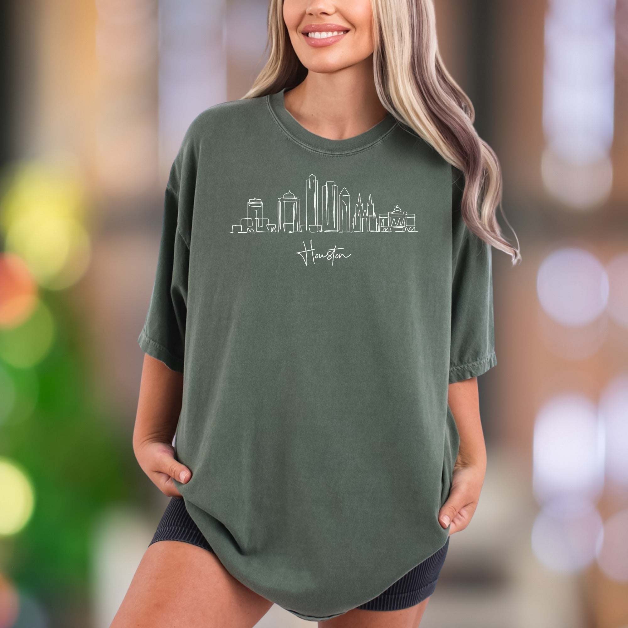 Houston Skyline Line Art" | Comfort Colors Unisex Adult T-Shirt | Minimal Cityscape Style