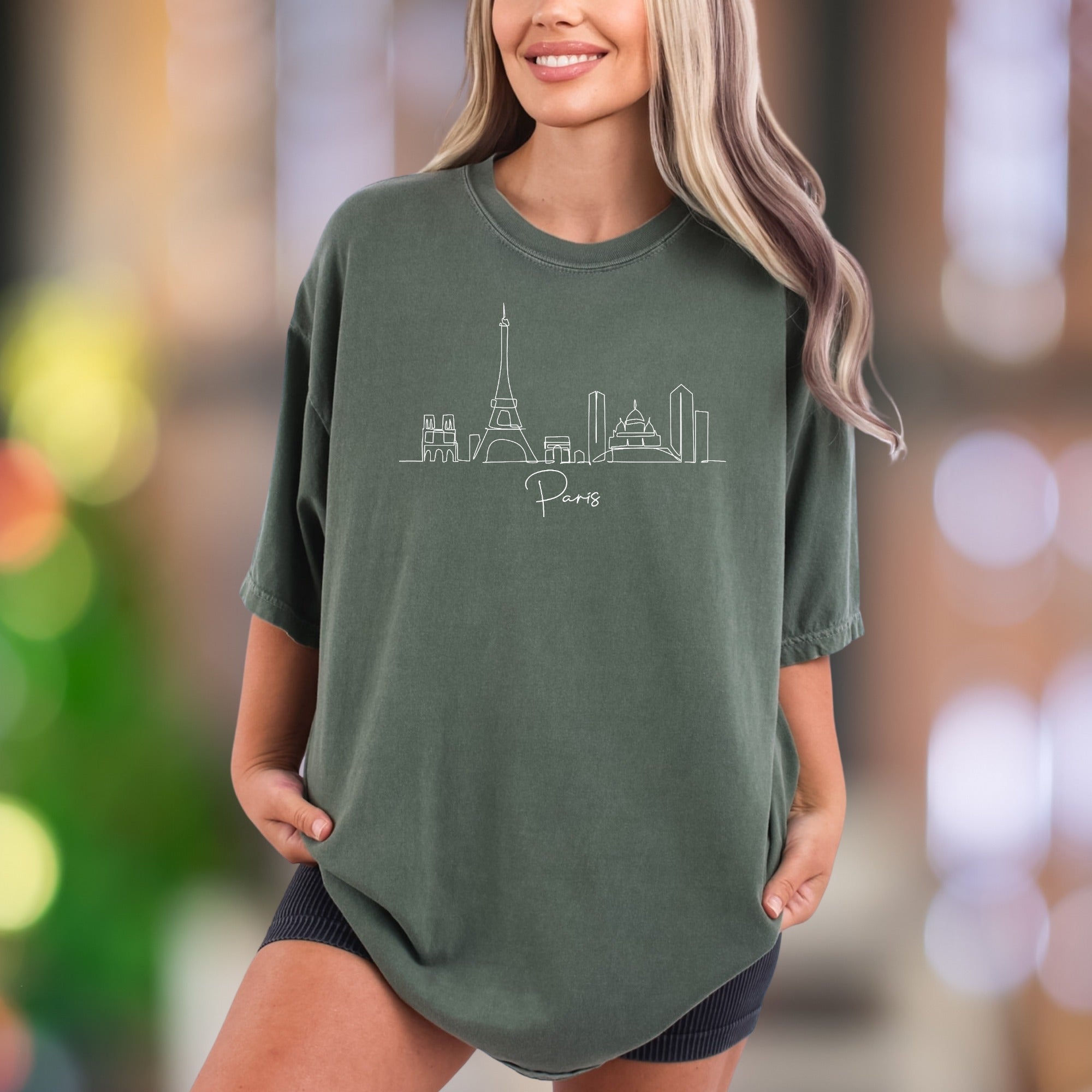 "Paris" | Comfort Colors Unisex Adult T-Shirt | Minimal Skyline Travel Tee