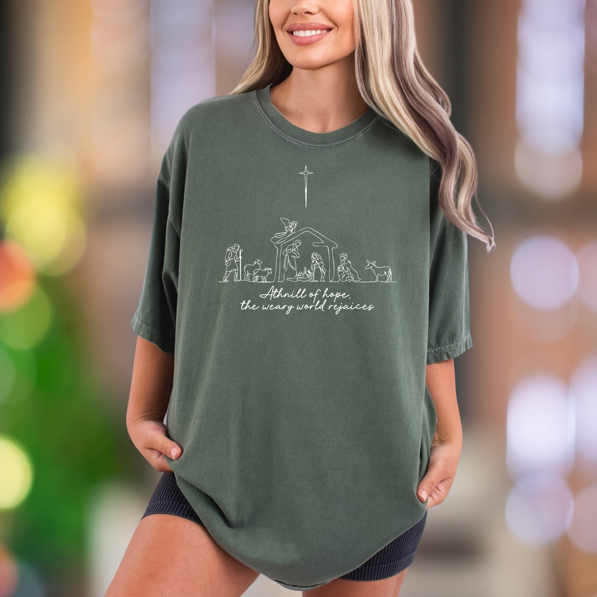 "A thrill of hope, the weary world rejoices" | Comfort Colors Unisex Adult T-Shirt | Minimal Nativity Scene