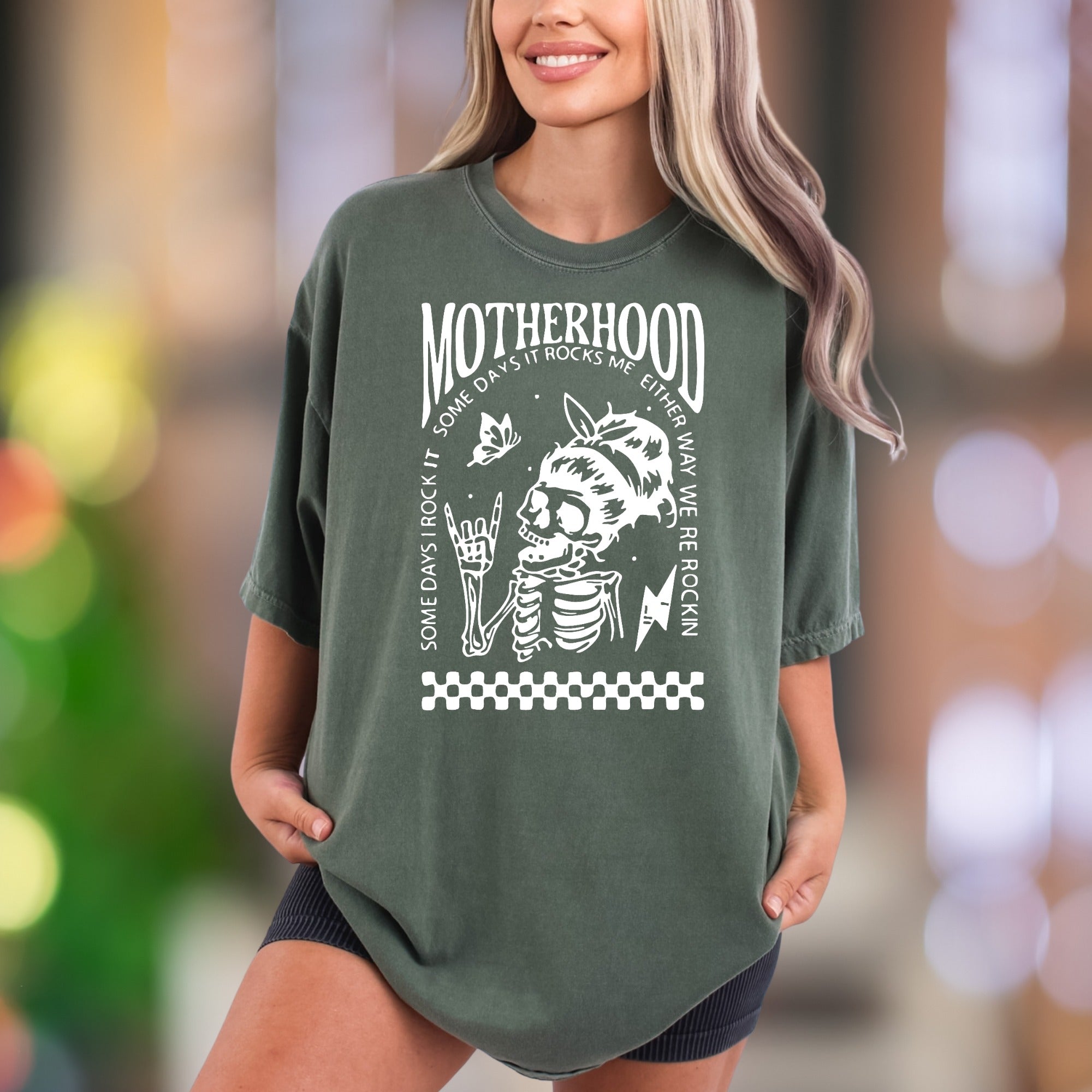 "Motherhood: Some Days I Rock It, Some Days It Rocks Me, Either Way We're Rockin'" | Comfort Colors Unisex Adult T-Shirt | Rocker Mom Lifestyle