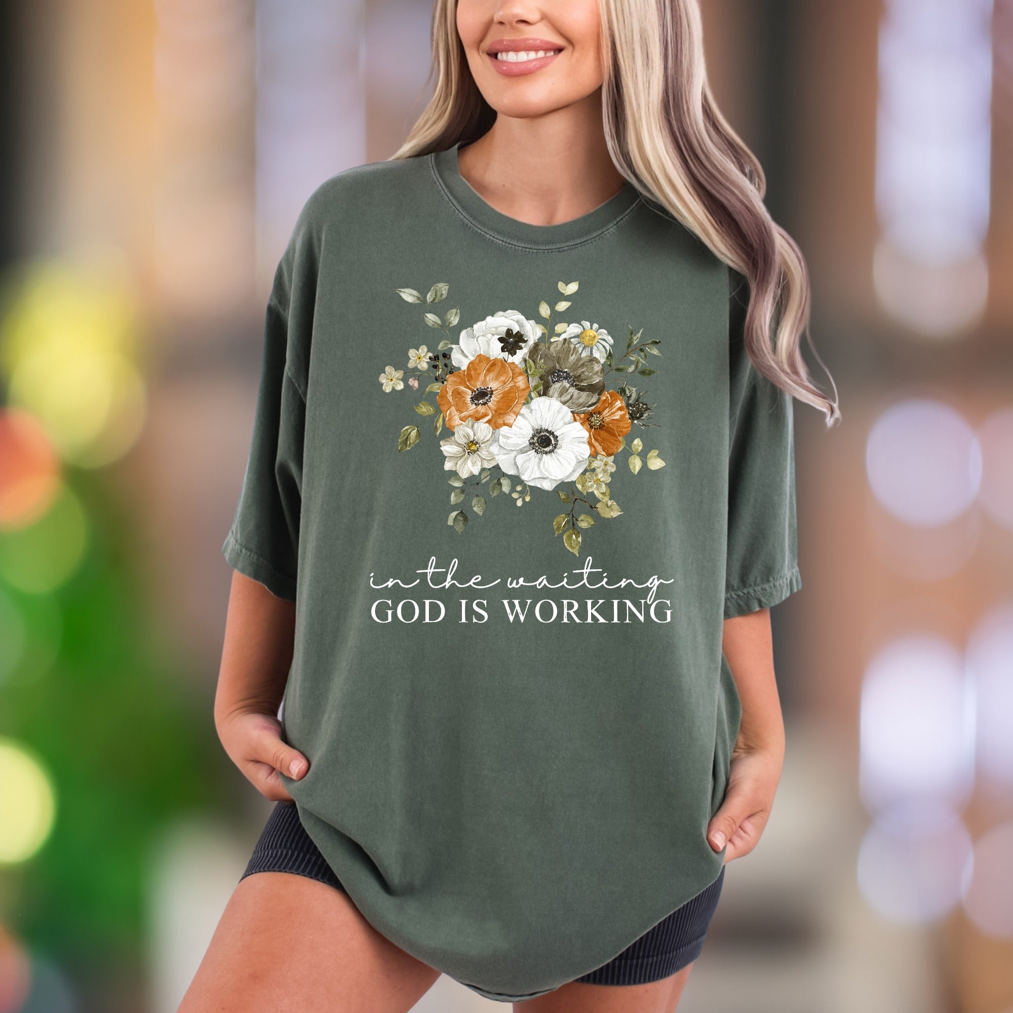"In The Waiting God Is Working" | Comfort Colors Unisex Adult T-Shirt | Floral Motivational Style