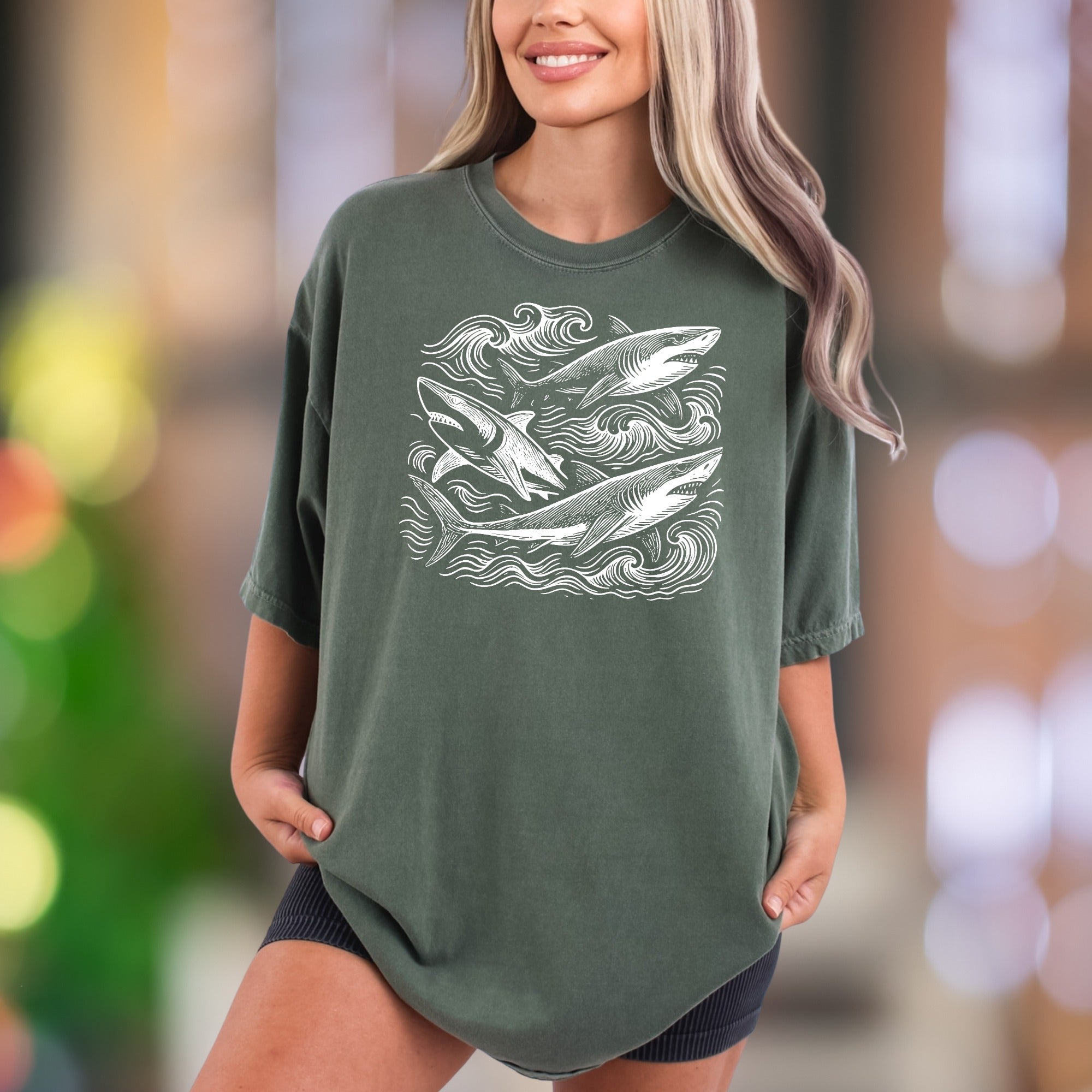 Ocean Waves & Sharks Sketch | Comfort Colors Unisex Adult T-Shirt | Coastal Lifestyle