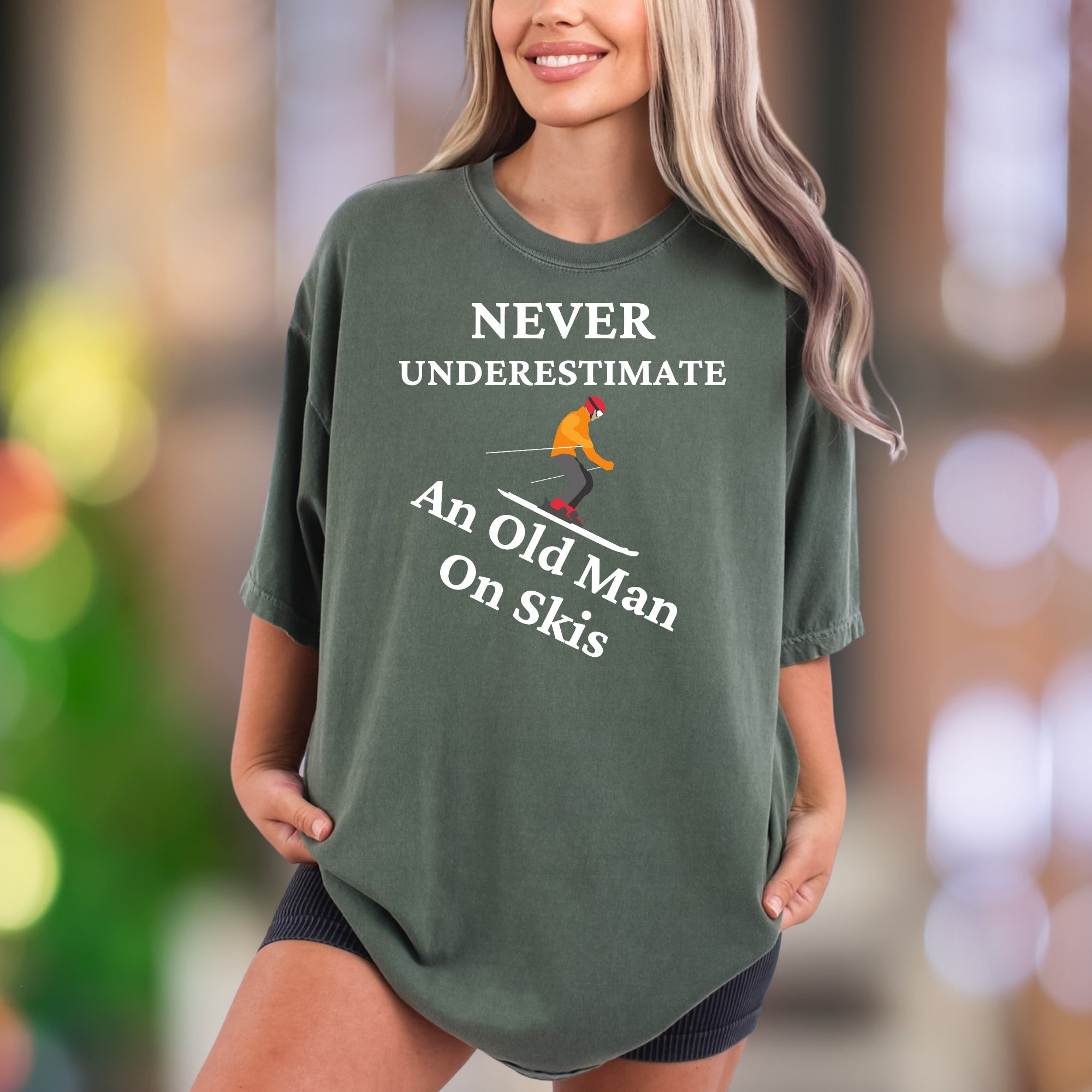 "Never Underestimate An Old Man On Skis" | Comfort Colors Unisex Adult T-Shirt | Funny Skiing Lifestyle