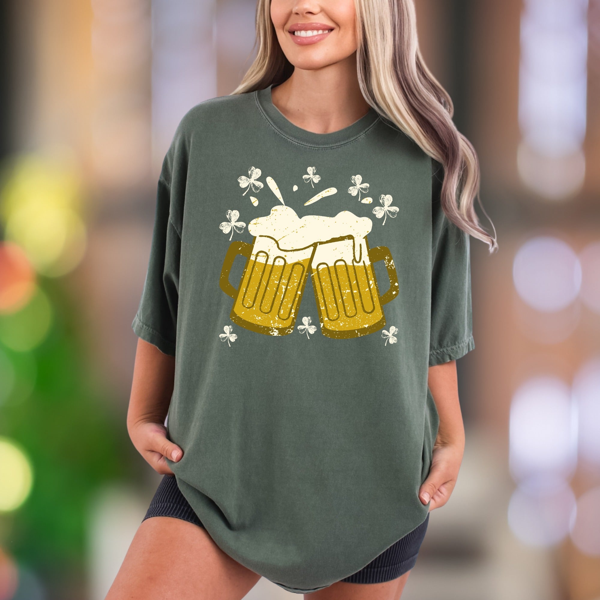 Sláinte! Cheers Beer Mugs with Shamrocks | Comfort Colors Unisex Adult T-Shirt | Distressed St. Patrick's Day Style