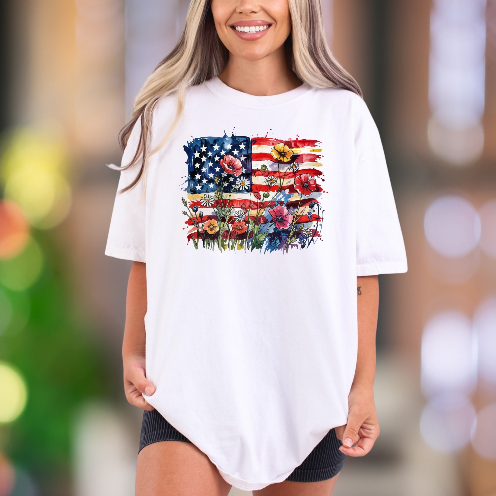 Floral America Flag Watercolor | Comfort Colors Unisex Adult T-Shirt | Patriotic Bloom