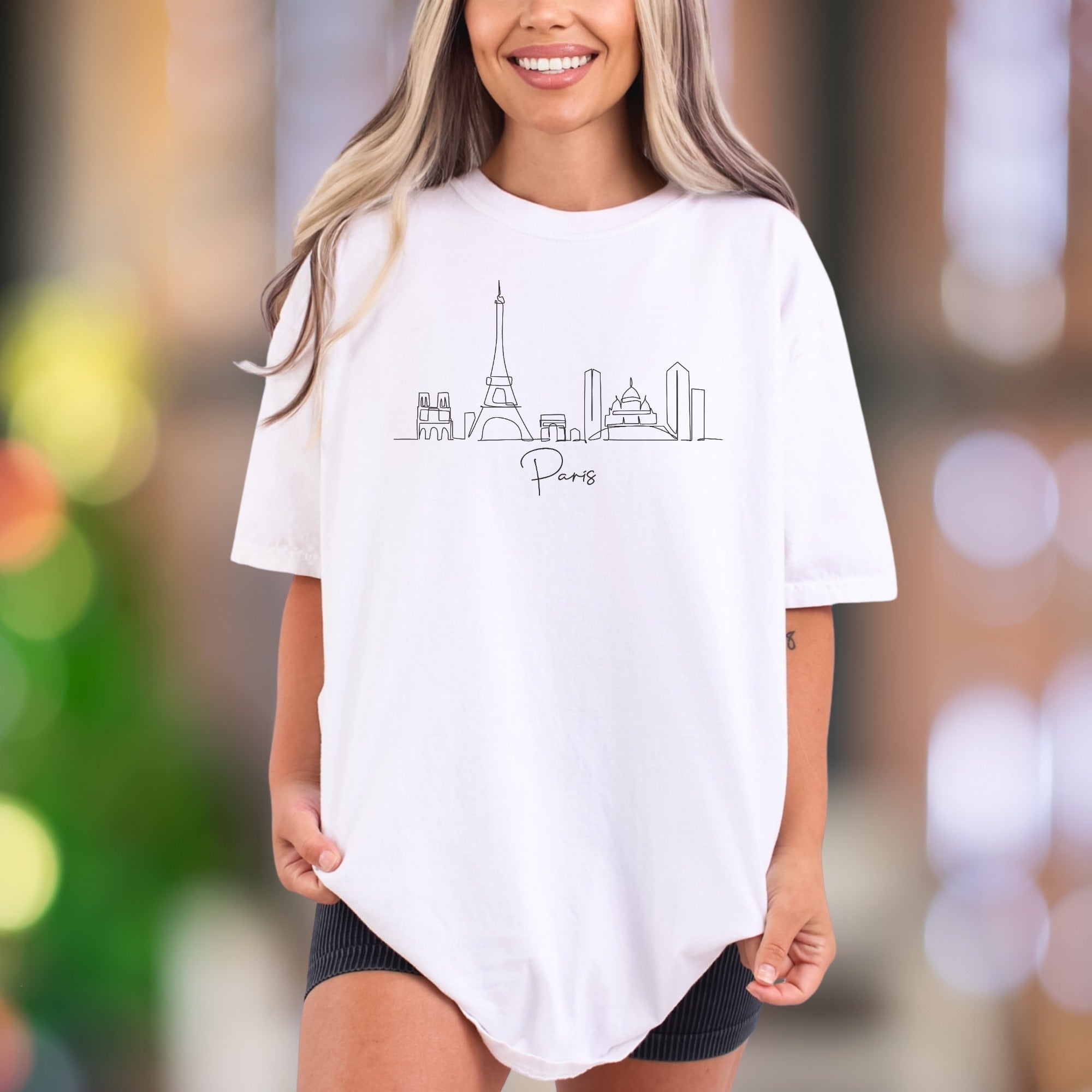 "Paris" | Comfort Colors Unisex Adult T-Shirt | Minimal Skyline Travel Tee