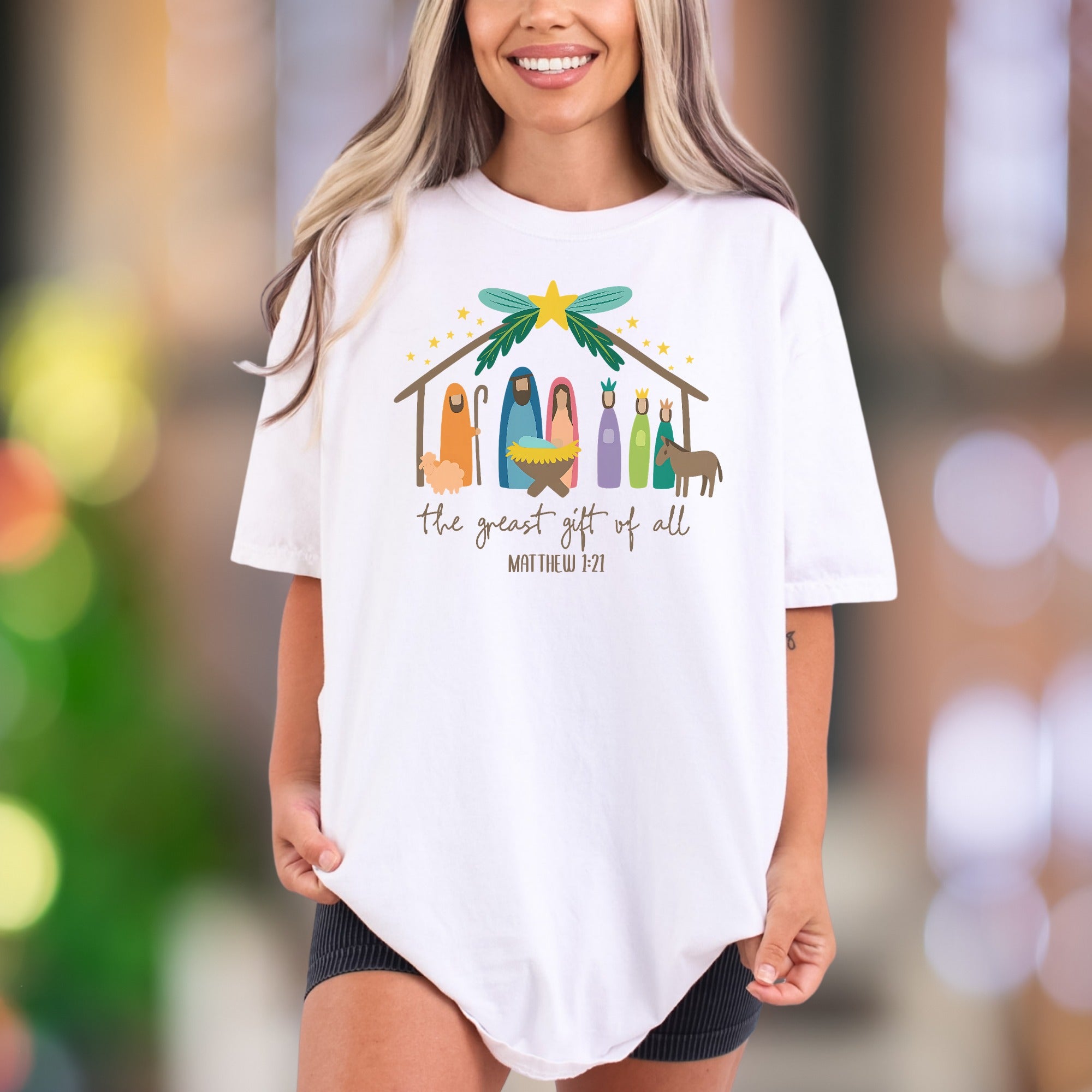 "the greast gift of all MATTHEW 1-21" | Comfort Colors Unisex Adult T-Shirt | Nativity Scene Graphic Tee
