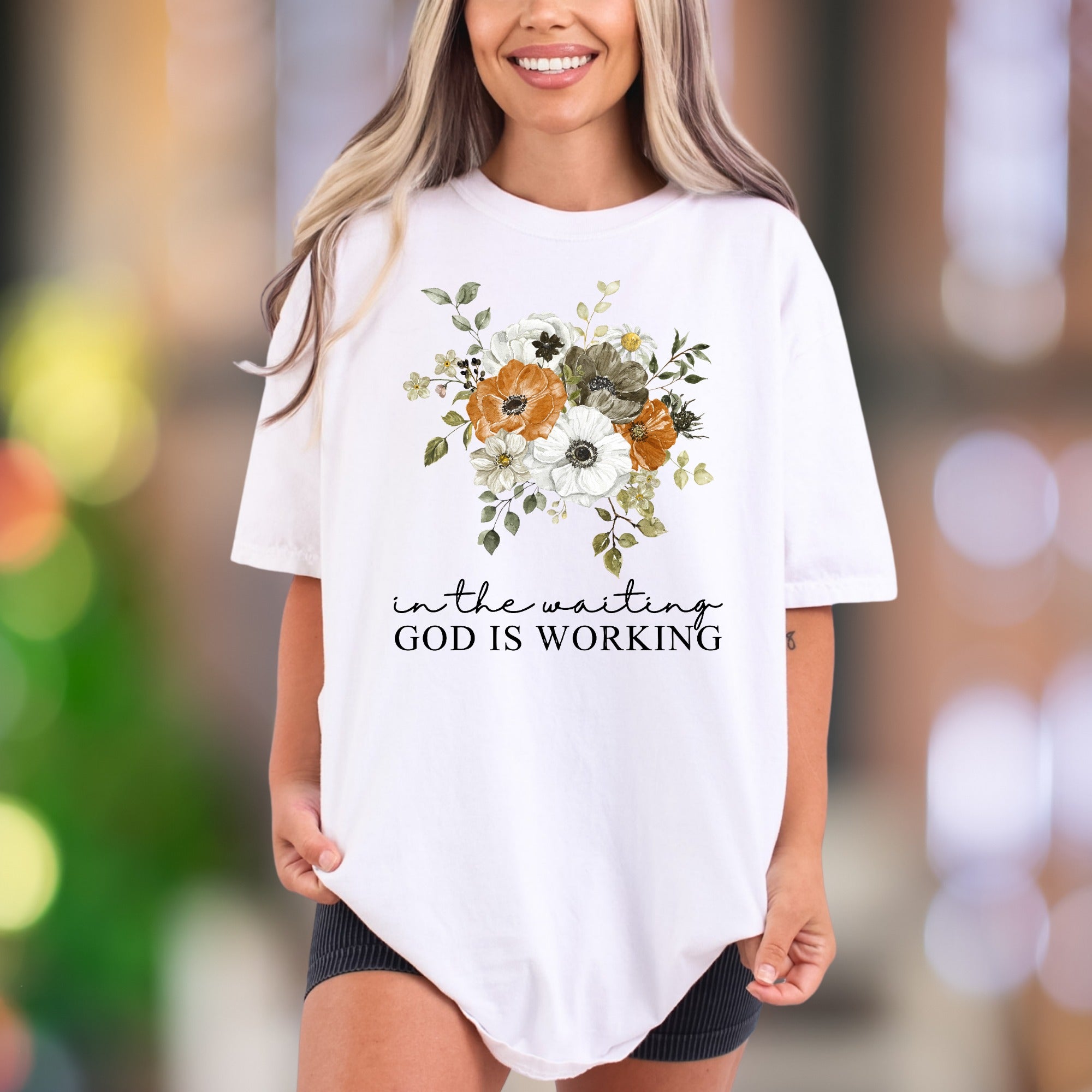 "In The Waiting God Is Working" | Comfort Colors Unisex Adult T-Shirt | Floral Motivational Style