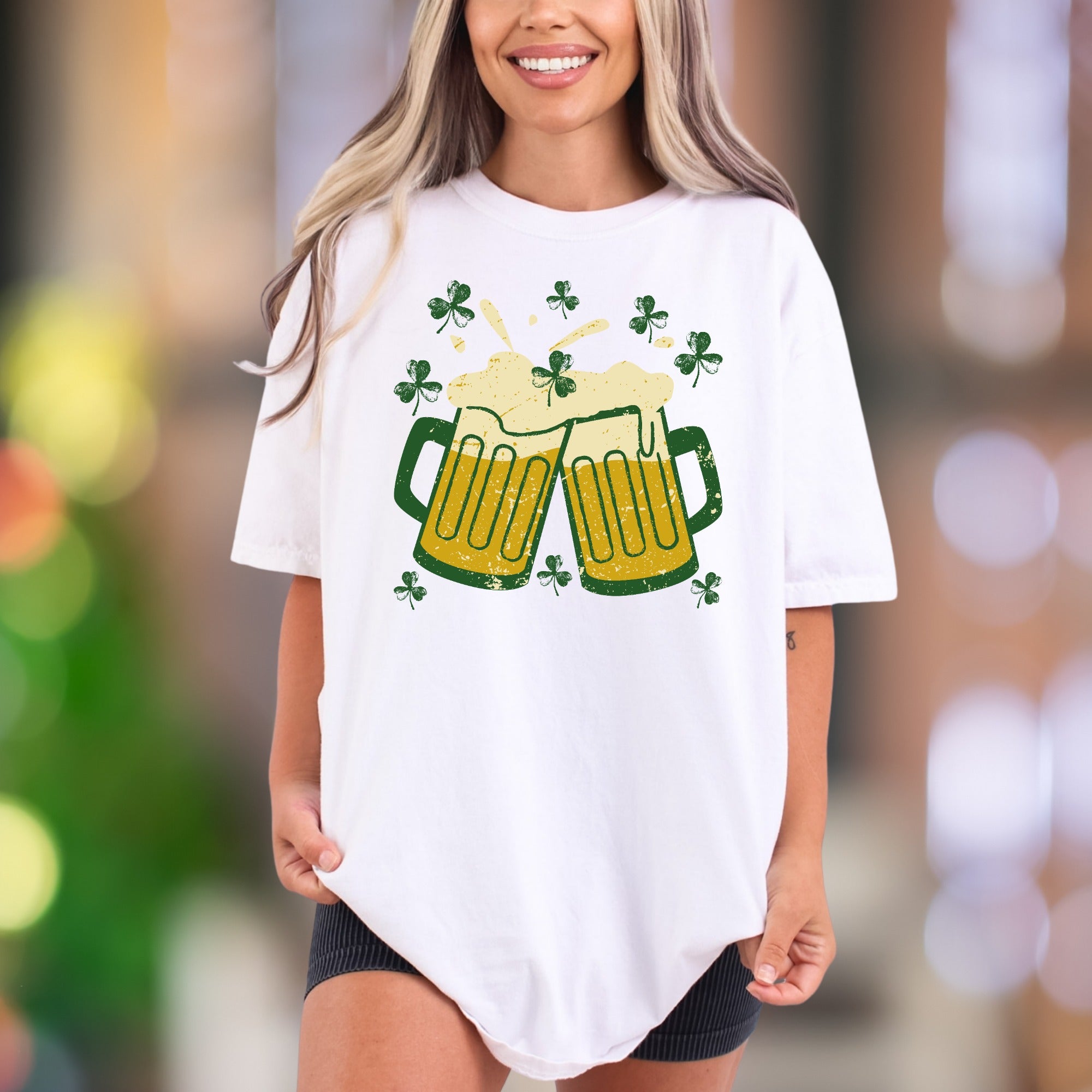 Sláinte! Cheers Beer Mugs with Shamrocks | Comfort Colors Unisex Adult T-Shirt | Distressed St. Patrick's Day Style