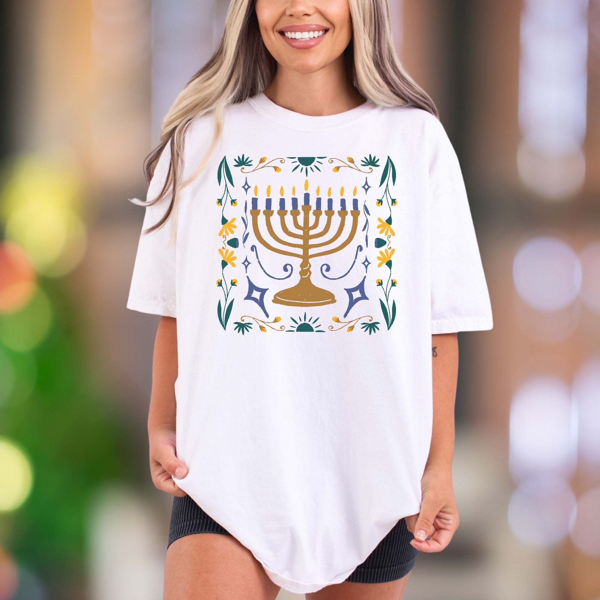 Floral Menorah | Comfort Colors Unisex Adult T-Shirt | Festive Holiday Style